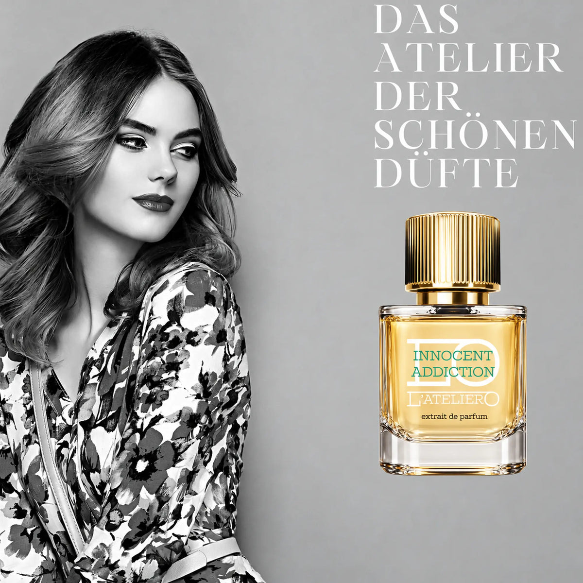 L’ATELIERO Innocent Addiction Extrait de Parfum 50 ml: Flakon neben dem Schwarz-Weiß-Porträt einer Frau in gemusterter Bluse.