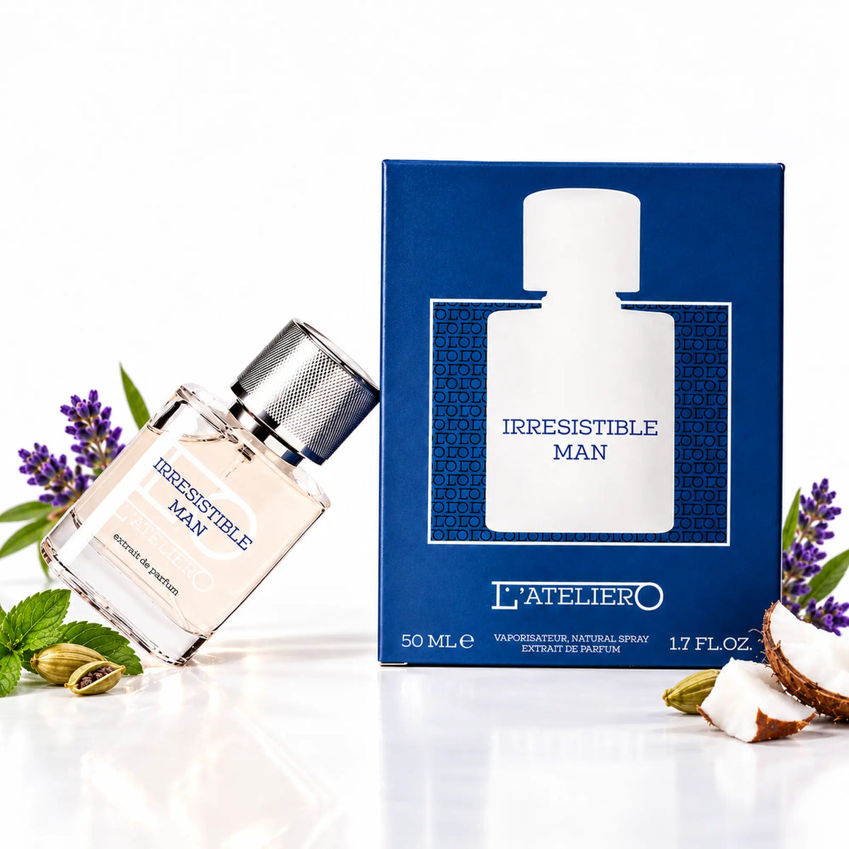 L’ATELIERO Irresistible Man Extrait de Parfum 50 ml: schräg gestellter Flakon neben dunkelblauer Box auf weißem Grund.