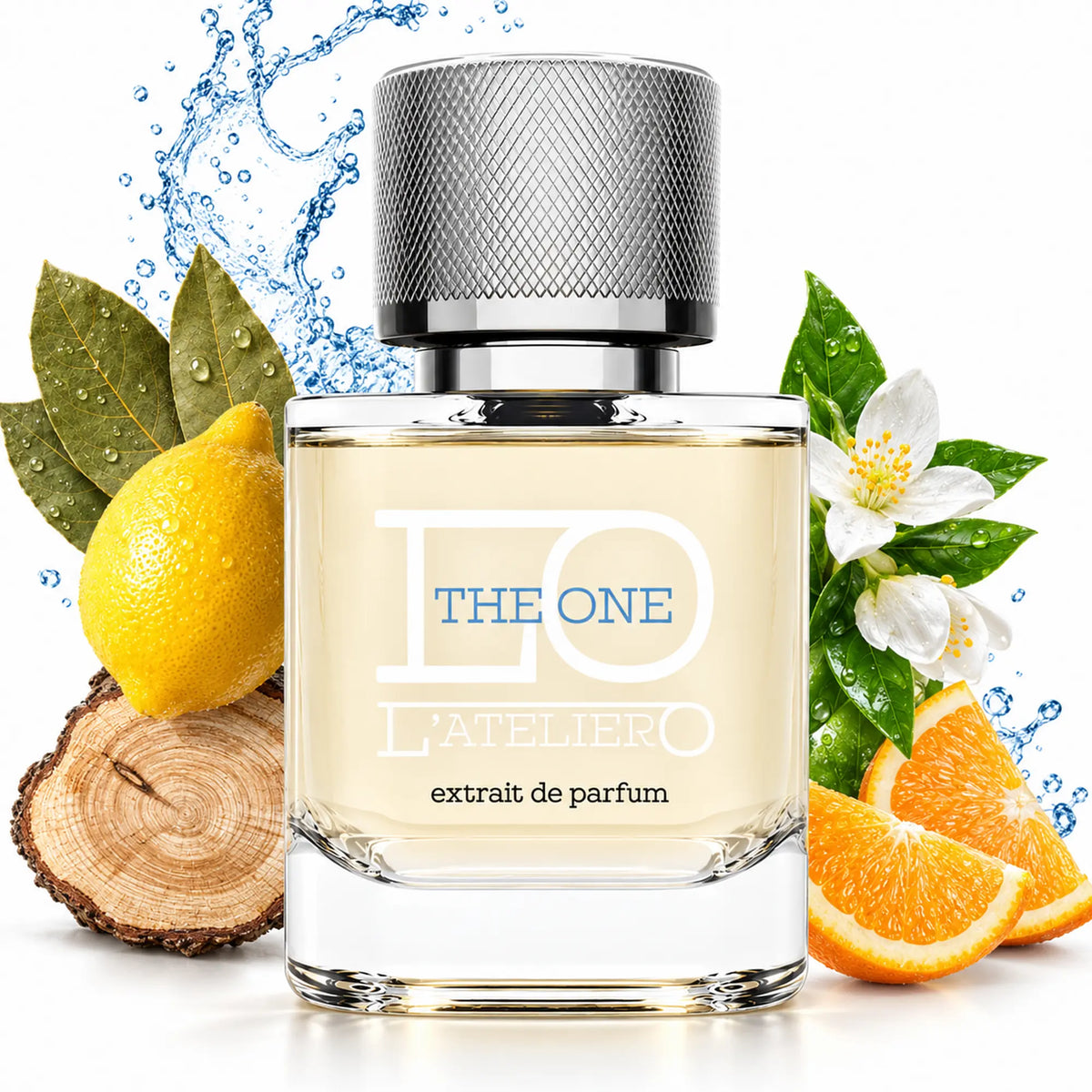 L’ATELIERO The One Extrait de Parfum 50 ml: Flakon mit Zitrone, Orangenspalten, Holzscheibe, weißen Blüten und Wasserspritzern.