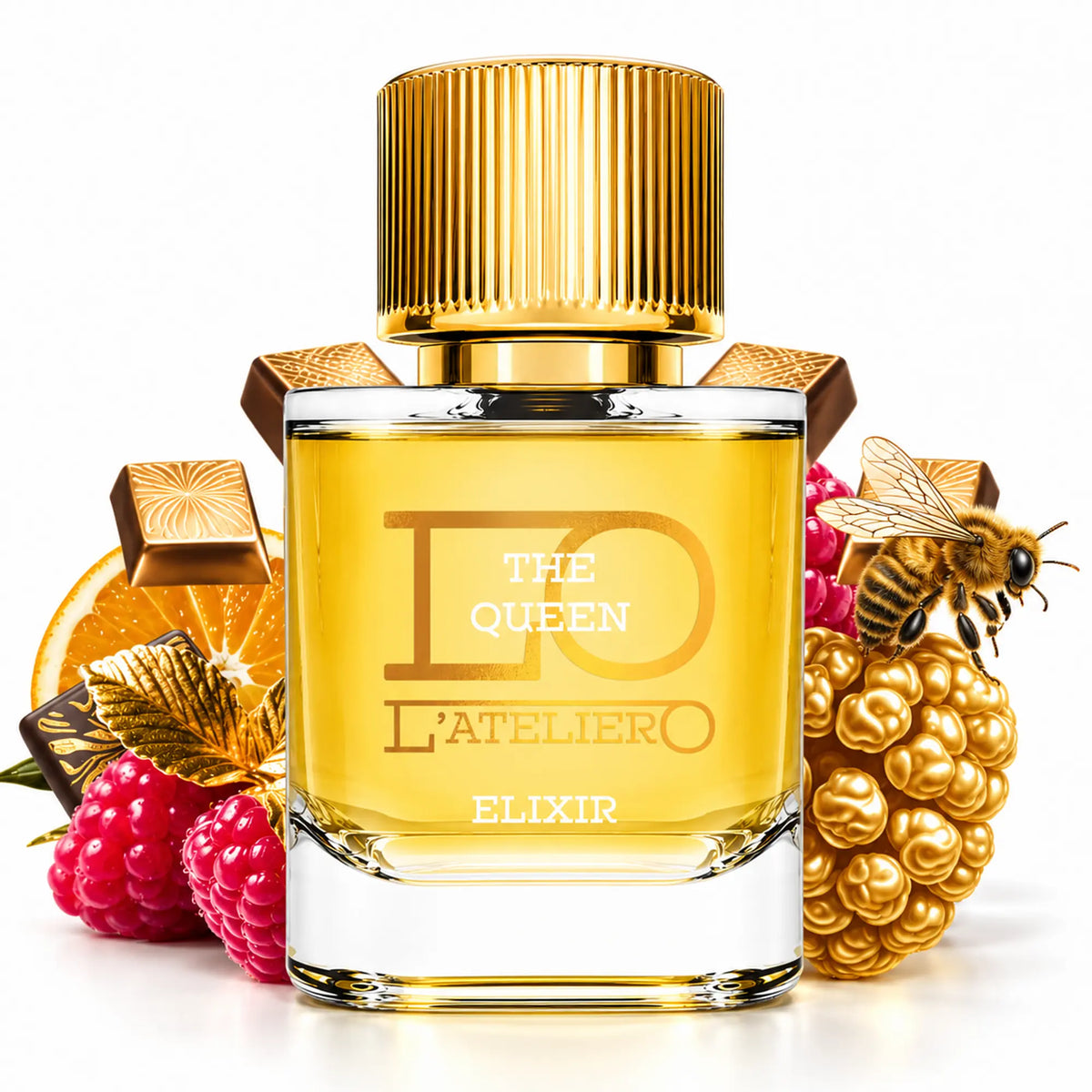 L’ATELIERO The Queen Elixir Extrait de Parfum 50 ml: Flakon zwischen Himbeeren, Orangenscheibe, goldenen schockolade Würfeln und einer Biene.