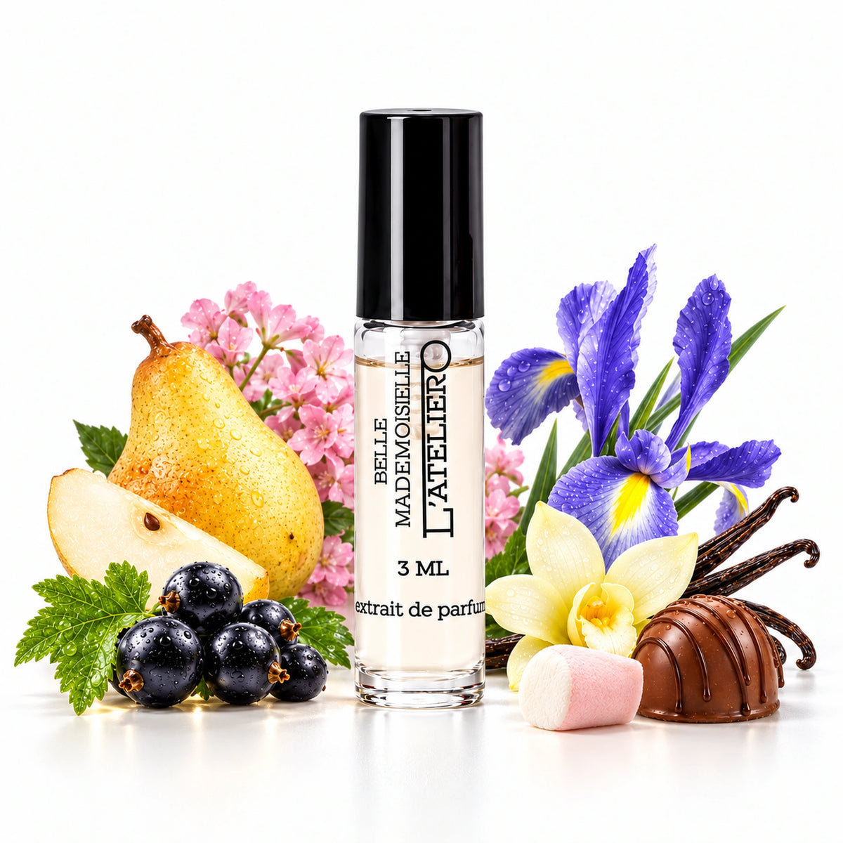 L’ATELIERO Belle Mademoiselle Extrait de Parfum 3 ml: Duftprobe mit Birne, schwarzen Johannisbeeren, Iris, Vanille, Marshmallow und Praline.