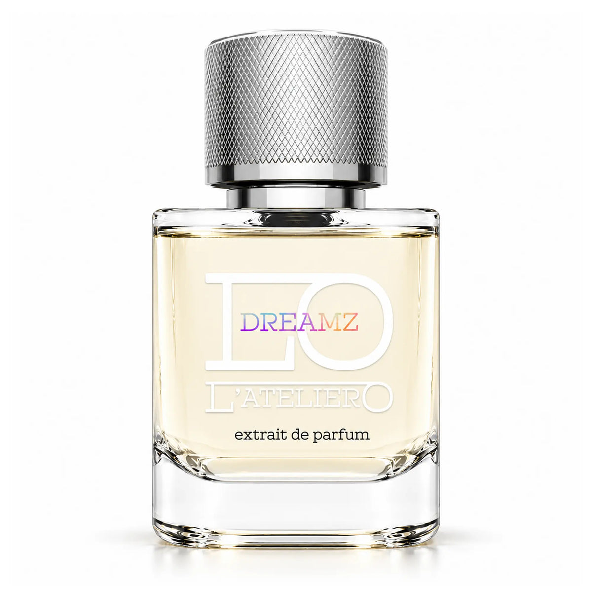 L’ATELIERO DREAMZ Extrait de Parfum 50 ml: Flakon mit hellgelbem Parfum, pastellfarbener Schrift und Silberverschluss vor weißem Hintergrund.