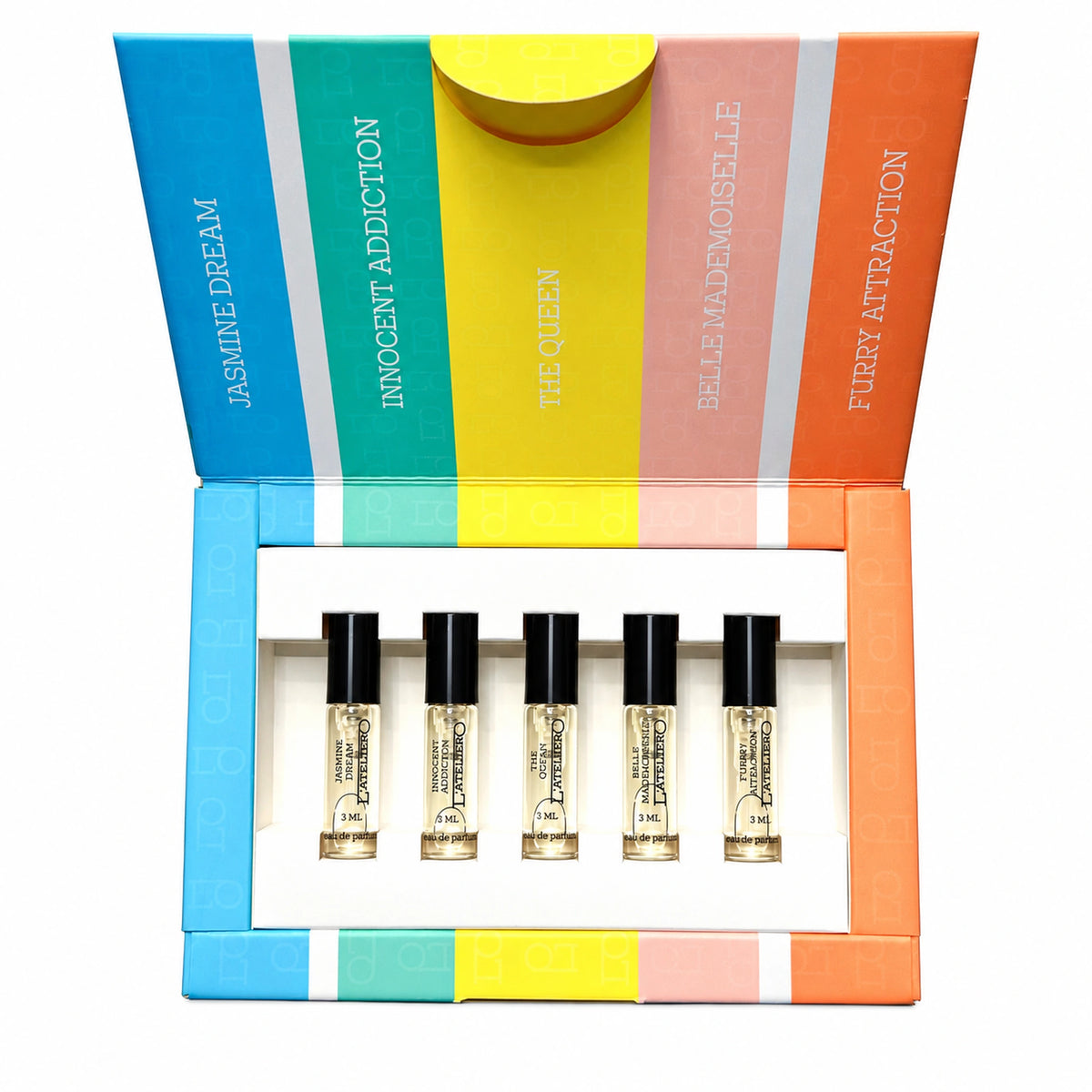 L’ATELIERO Discovery Set Damen, Extrait de Parfum 5 × 3 ml: fünf Parfumproben mit schwarzen Kappen in geöffneter, bunt gestreifter Box.