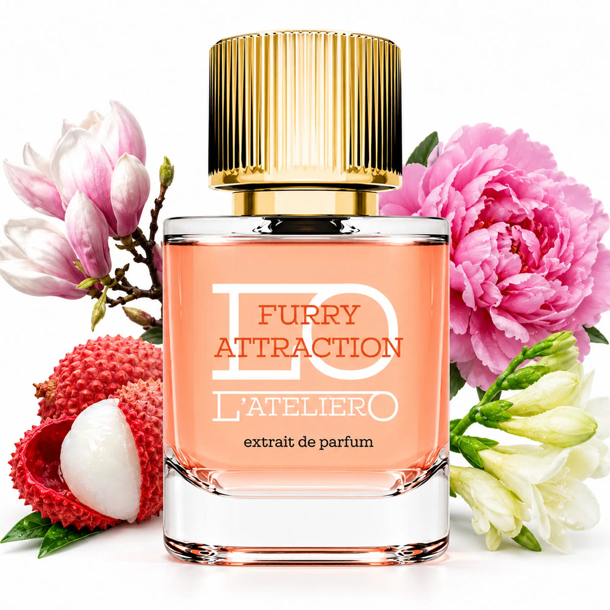 L’ATELIERO Furry Attraction Extrait de Parfum 50 ml: Flakon zwischen Litschis, rosa Magnolien, Pfingstrose und weißen Blüten.